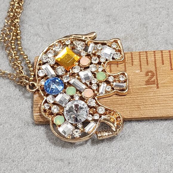 Crystal Embellished Elephant Gold Tone Double Chain 15" Drop Pendant Necklace - Picture 3 of 16